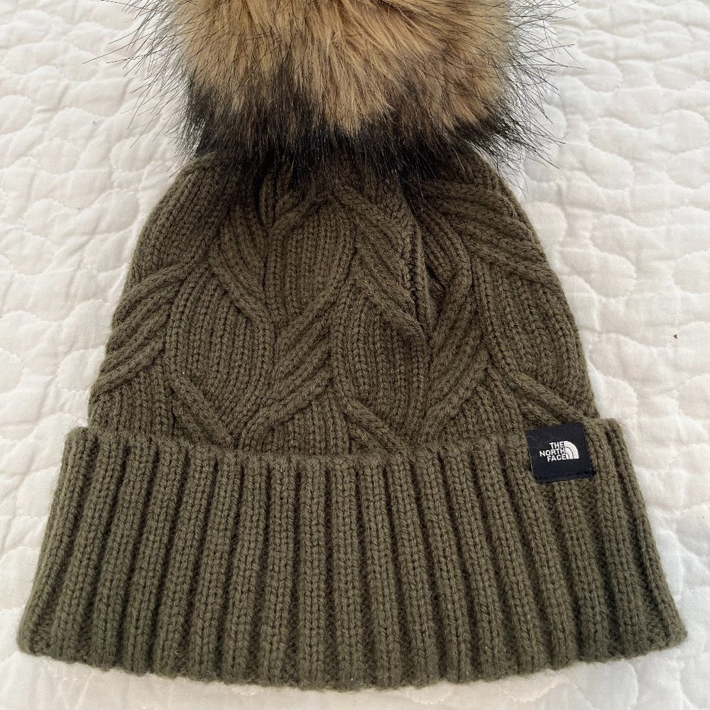 North Face TNF Oh Mega Fur PomPom Cable Knit Beanie Taupe Green - New